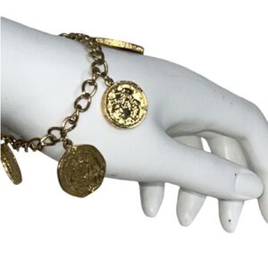 Gold Tone Coin Charm Bracelet Chunky Napoleon Queen Elizabeth United States 7.5"